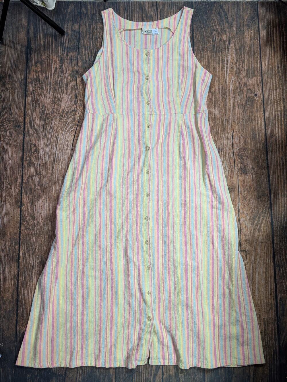 Vintage Women's LL Bean Pin Stripe Colorful Pastel Dress Buttons Size 18 Reg